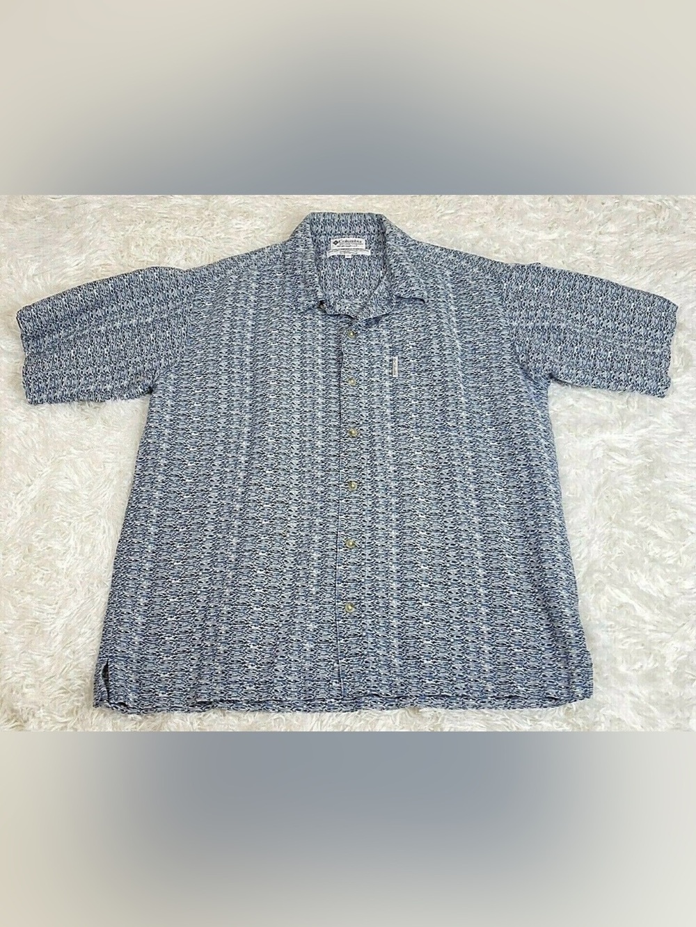 COLUMBIA Large Button Down Outdoors Short Sleeve Fishing Shirt Blues White Mens